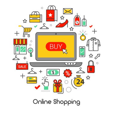 Online Alışveriş Hattı Sanat İnce Vektör Simgeler Dizüstü bilgisayar ve ürünler ile ayarlayın