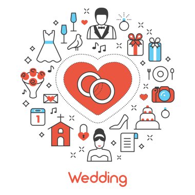 Gelin ve Damat Düğün parti ince çizgi vektör Icons Set