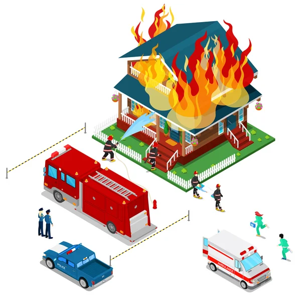 Los bomberos extinguen un incendio en House Isomtric City. El bombero ayuda a la mujer herida. Vector 3d Ilustración plana — Vector de stock