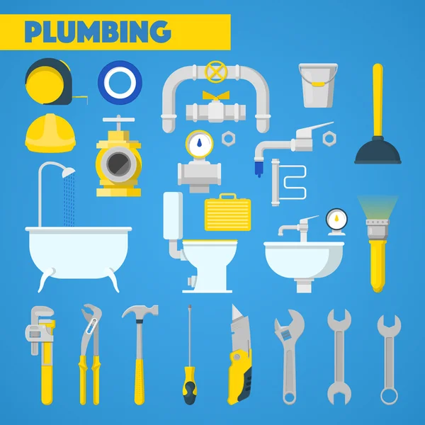 Plumbing Tools Set and Bathroom Elements. Vector Icons — Stock Vector