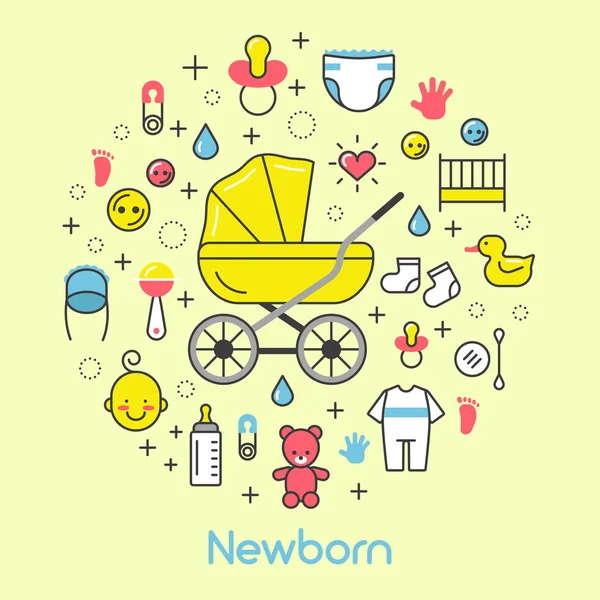 Novorozence Baby line Art tenké vektorové ikony nastavené s dětskou kočárem — Stockový vektor