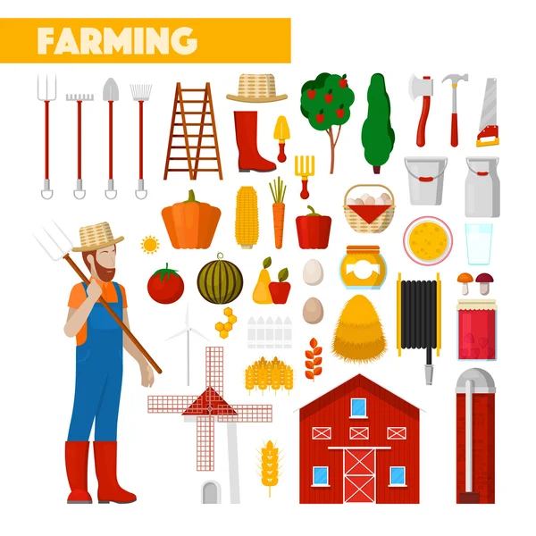 Agricultor con Equipo Agrícola Alimentos Naturales Frescos y Molino de viento. Ilustración vectorial — Archivo Imágenes Vectoriales