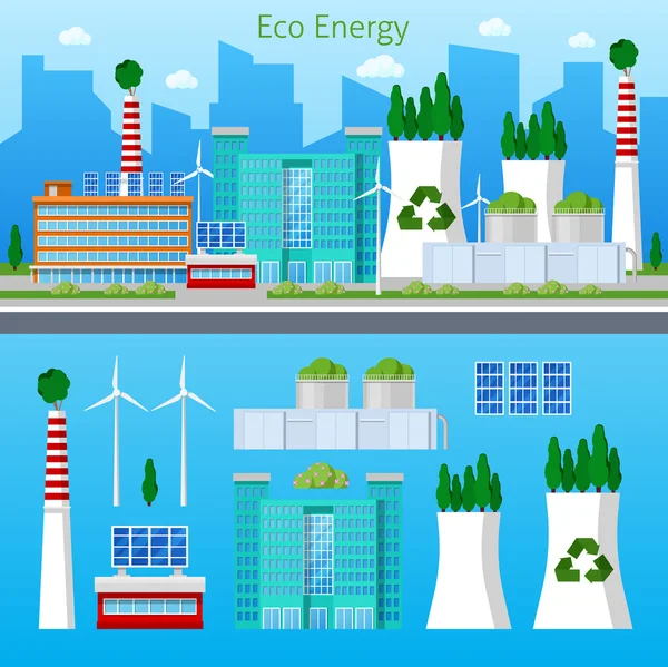 Eco Factory πράσινο ενεργειακό τοπίο με ηλιακή μπαταρία. Απεικόνιση διανυσματικών φορέων — Διανυσματικό Αρχείο