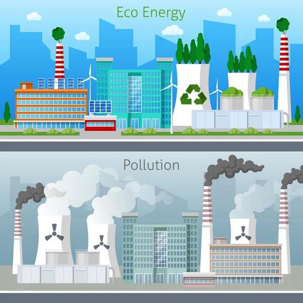 エコファクトリーグリーンエネルギーと大気汚染都市景観。ベクトルイラスト — ストックベクタ