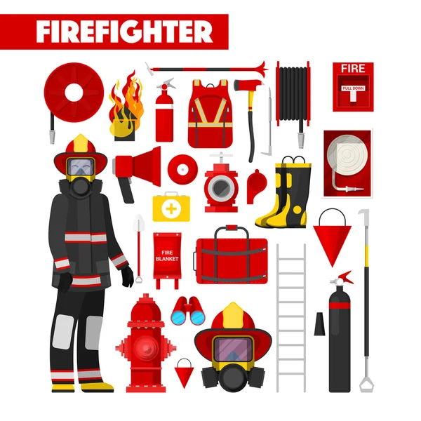 Conjunto de iconos vectoriales de bomberos de profesión con equipos de bomberos — Archivo Imágenes Vectoriales