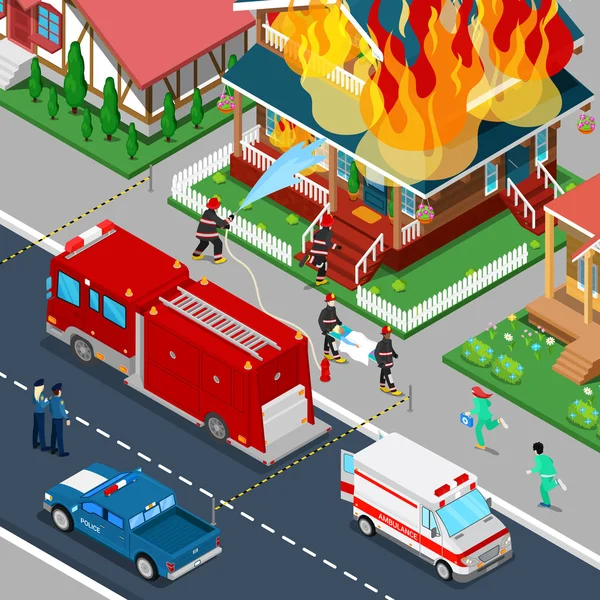 Brandmän släcka en eld i huset isometrisk stad. FireMan hjälper skadad kvinna. Vektor 3D platt illustration — Stock vektor