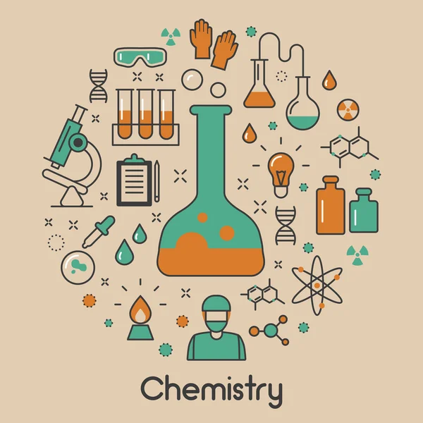 Icônes vectorielles fines d'art de ligne de chimie ensemble avec l'ADN et les éléments chimiques — Image vectorielle