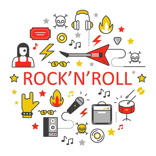 Rocknroll Line Ícones de vetores finos de arte com instrumentos musicais — Vetor de Stock