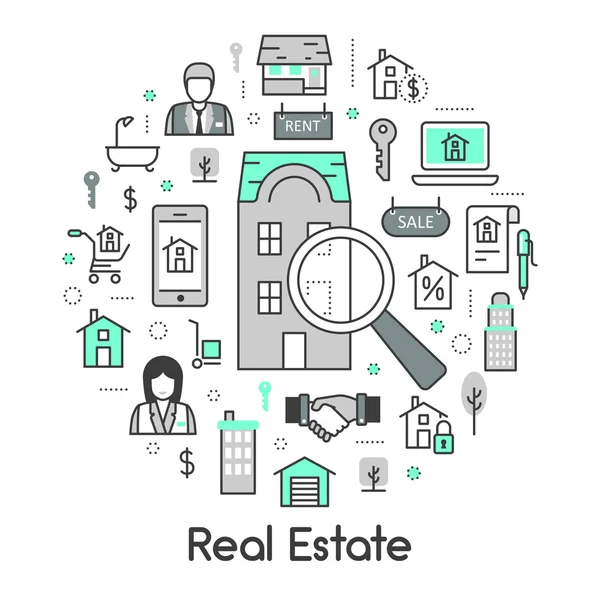 Real Estate tenká linie vektorové ikony Set s agentem a domy — Stockový vektor