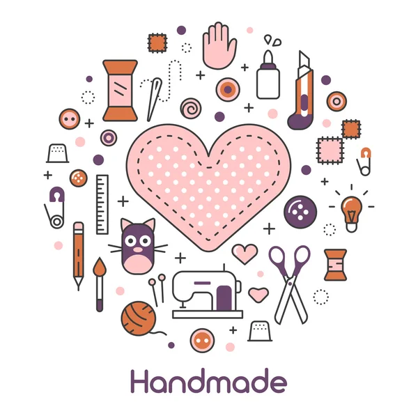 Hand Made Sewing Crafting Line Art Thin Vector Icons Set with Tools and Accessories — Stock Vector