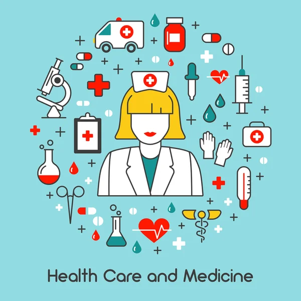 Health Care and Medicine Line Art Thin Vector Icons Set with Nurse and Medical Elements — Stock Vector