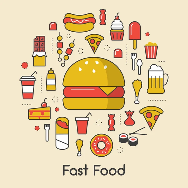 Set de iconos vectoriales finos de arte de línea de comida rápida con pizza de hamburguesa y comida chatarra — Vector de stock