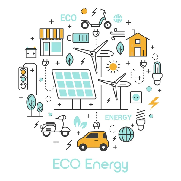 Eco Green Energy vékony vektoros ikonok szett Solar akkumulátor és szélmalom — Stock Vector