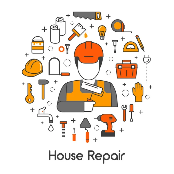 House Repair Renovation Line Art Thin Vector Icons Set with Repairman and Tools — Stock Vector