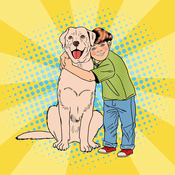 Popkonst glad pojke omfamna sällskapsdjur hund. Vektor illustration — Stock vektor