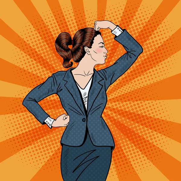 Pop Art mujer de negocios segura mostrando músculos. Ilustración vectorial — Vector de stock