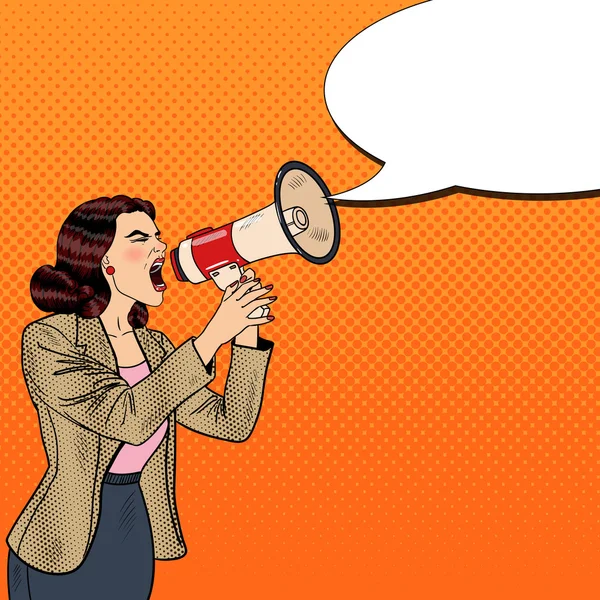 Pop Art Business Woman Shouting in Megaphone. Vector illustration — Stock Vector