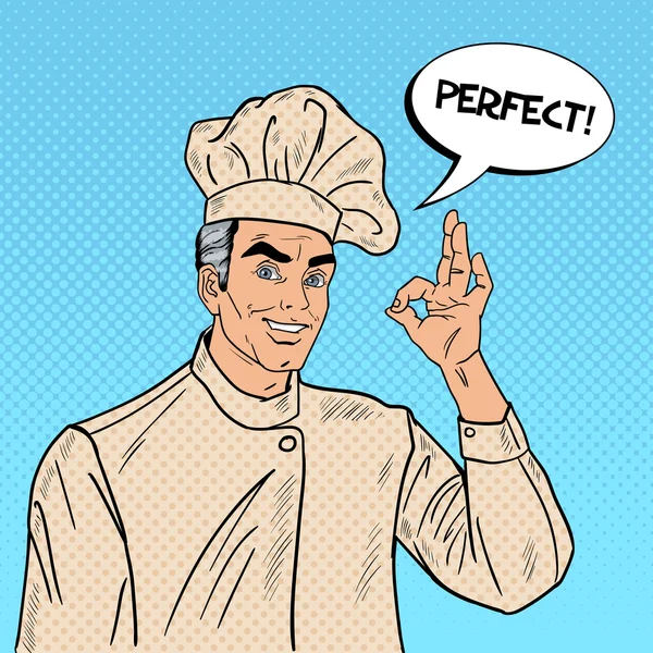 Professionele Chef-kok gebaren Ok. Pop Art Vector Illustratie — Stockvector