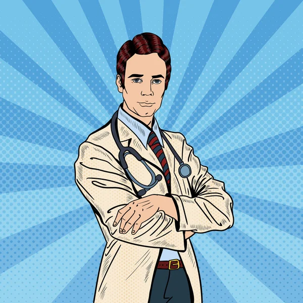 Pop Art Confident Doctor Man with Stethoscope. Ilustración vectorial — Vector de stock