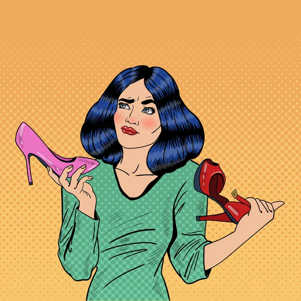 Joven bonita mujer de arte pop tomando la decisión de ir de compras entre zapatos. Ilustración vectorial — Archivo Imágenes Vectoriales