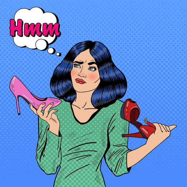 Młody bardzo Pop kobieta sztuka podejmowania wyborem na zakupy na buty. Ilustracja wektorowa — Wektor stockowy