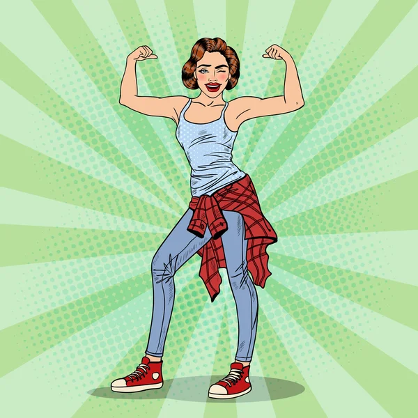 Junge hübsche Pop-Art-Frau zwinkert und zeigt Muskeln. Vektorillustration — Stockvektor