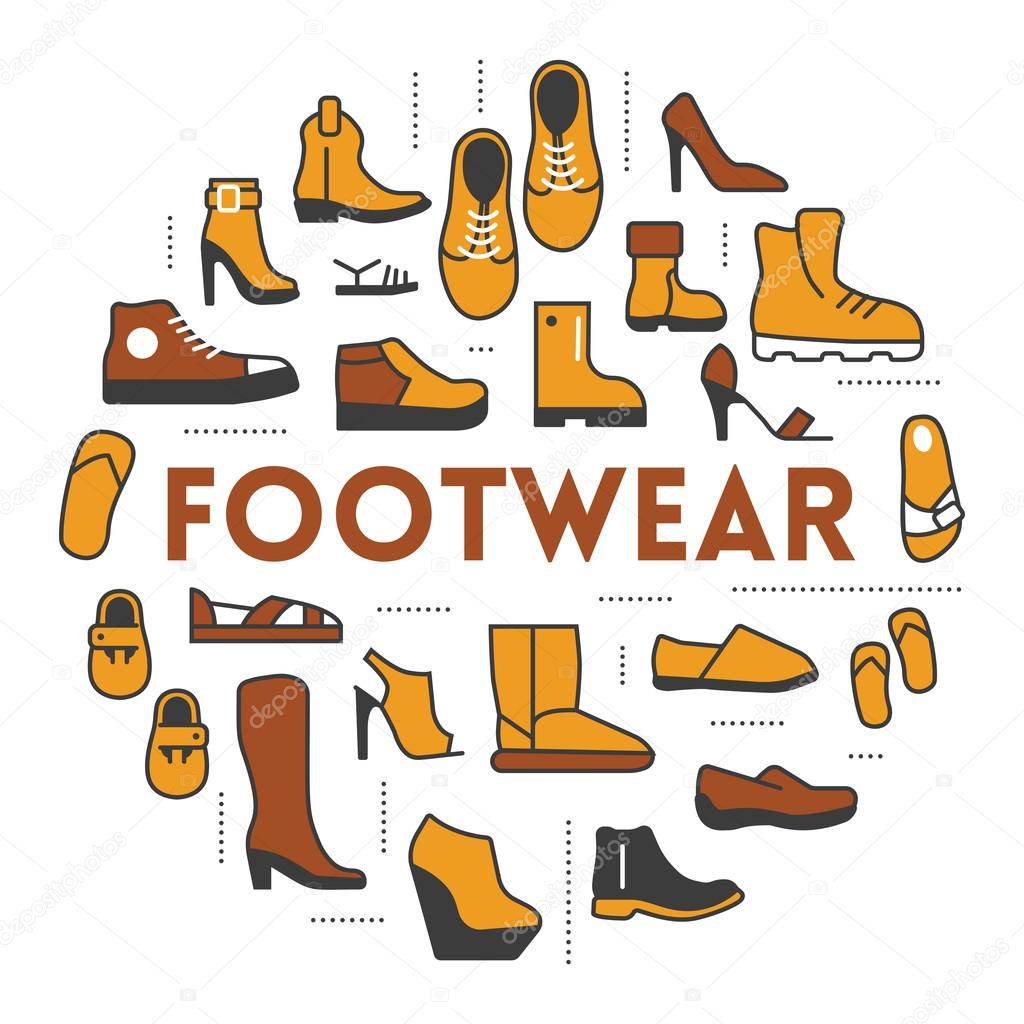 Footwear Line Art Thin Vector Icons Set with Boots and Shoes