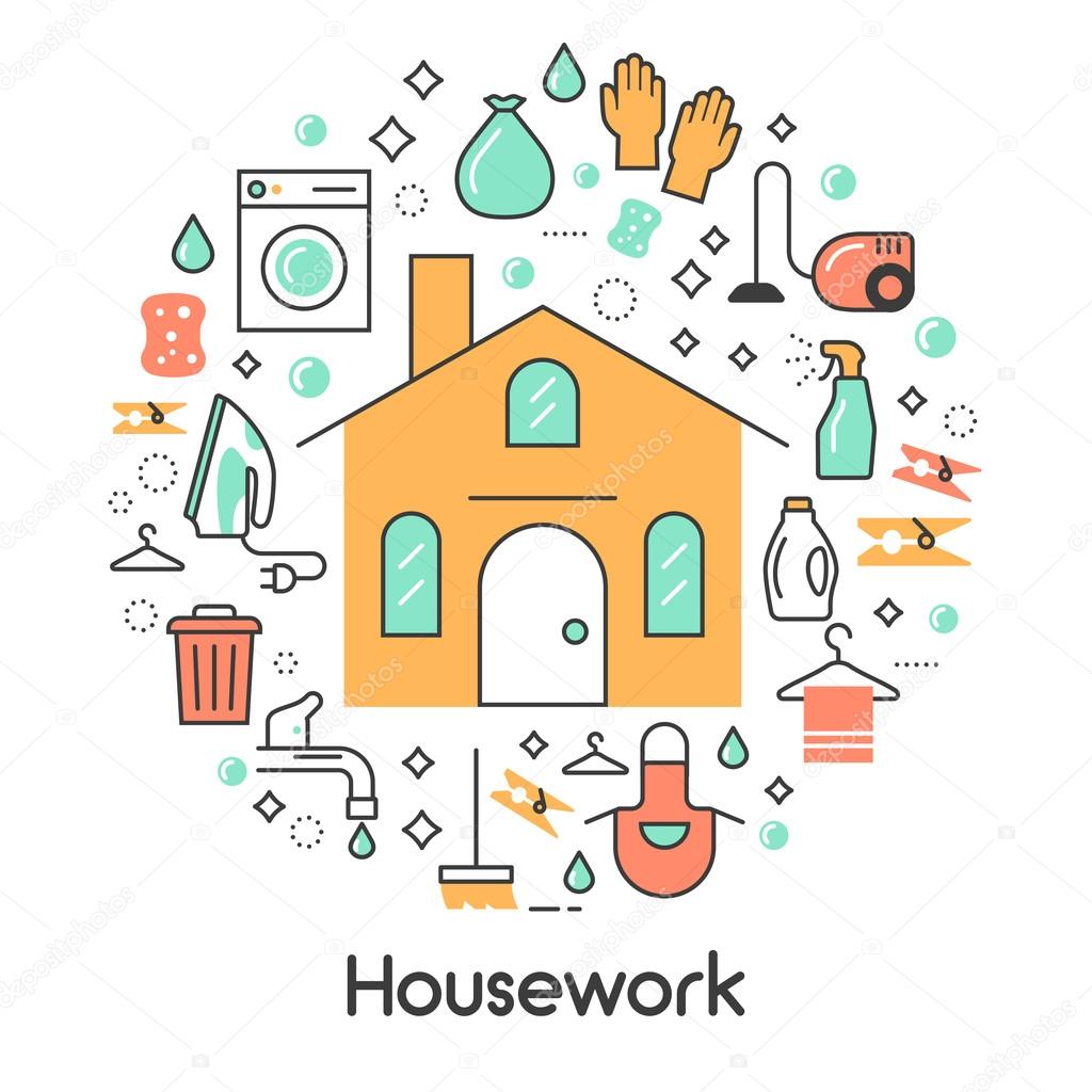 House Work Line Art Thin Vector Icons Set with Washing Machine and Vacuum