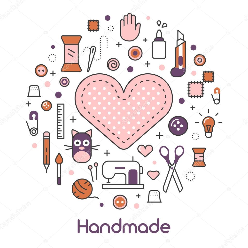 Hand Made Sewing Crafting Line Art Thin Vector Icons Set with Tools and Accessories