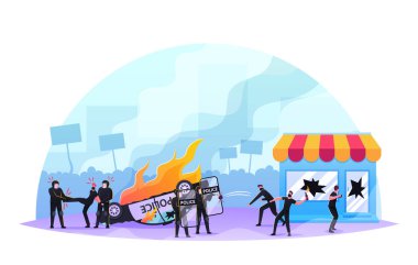 Şiddet İsyanları, Yağmalama Konsepti. Saldırgan Maskeli Anarşistler Erkek Karakterler Mağaza Gösterisini Kırıyor, Polisle Mücadele