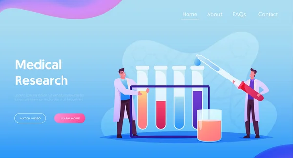 Badacze z probówek w laboratorium chemicznym Badania naukowe Landing Page Szablon. Badania prowadzone przez malutkich naukowców — Wektor stockowy