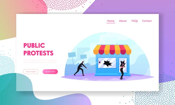 Political Conflict, Violence Riots Landing Page Template. pilleurs rupture magasin vitrine, pillage, jeter des pierres dans la boutique — Image vectorielle