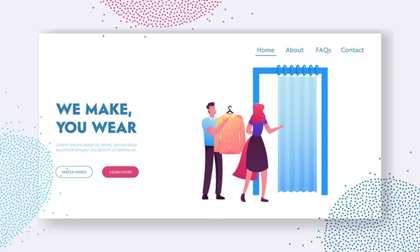 Shopping Landing Page Template. Woman Try on Clothes in Fitting Room at Store, Sales Man Assistant Character with Dress - Stok Vektor