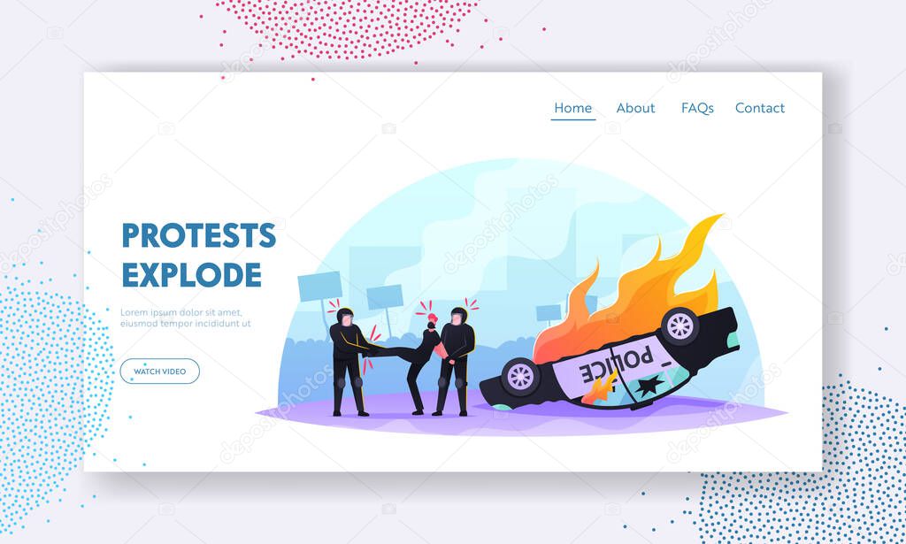 Violence Riots and Aggression Landing Page Template. Policemen Characters Arrest Aggressive Male Looter, Vandalism