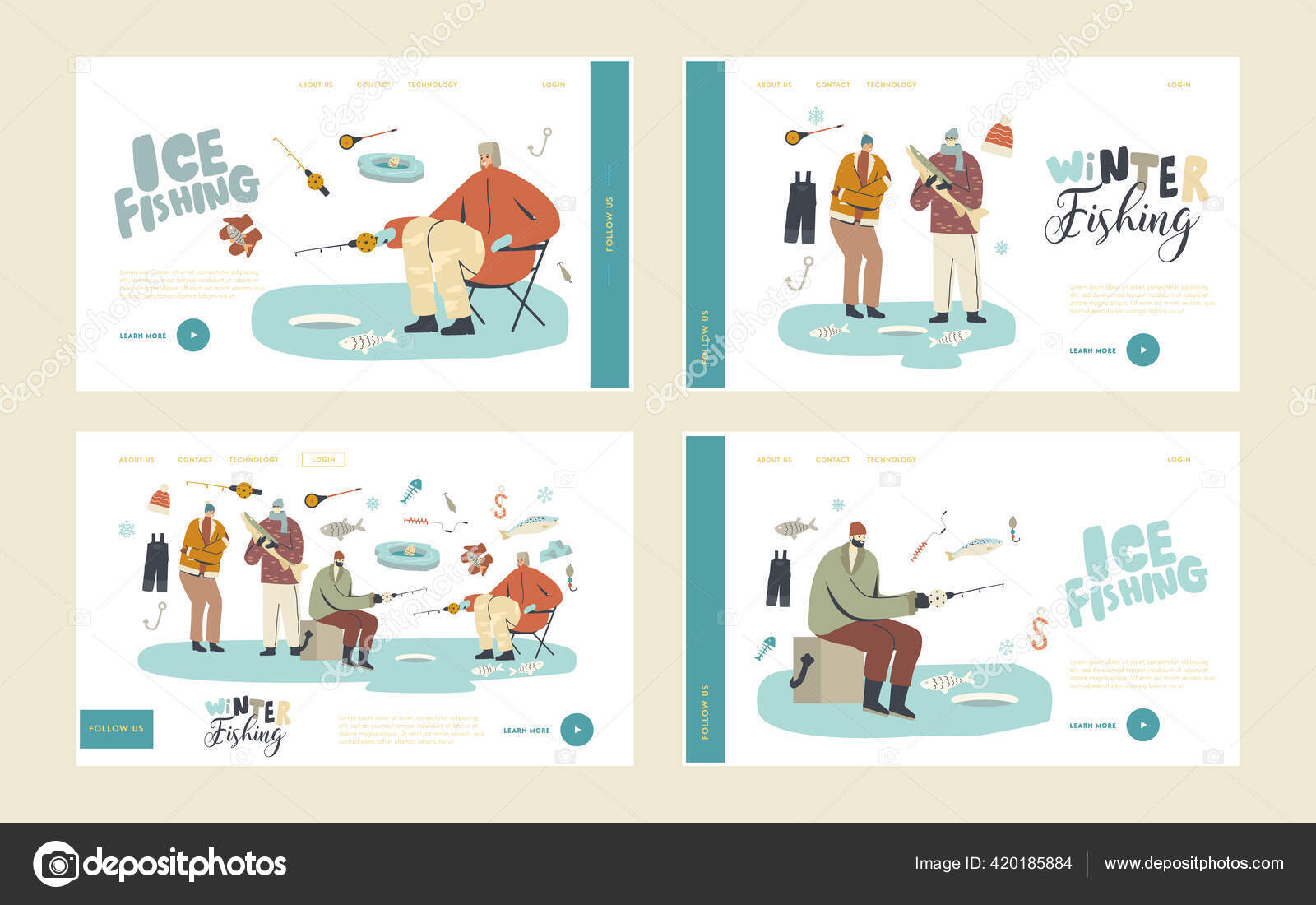 Characters Winter Fishing Landing Page Template Set Fishermen On Ice With Rod Having Good Catch People Catching Fish Stock Vector Image By C Vectorlab
