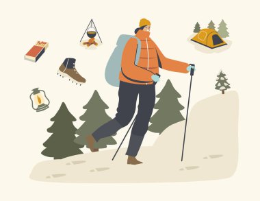 Kış Yürüyüşü Kavramı. İskandinav Yapışkan Yürüyüşü Doğa Yolu 'yla Sırt Çantası Kadın Karakteri