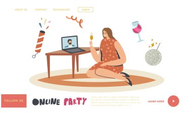 Çevrimiçi Parti İniş Şablonu. Genç Kadın Karakter Bardağı Şampanyayla Tutarken İnternet üzerinden Tatili Kutla