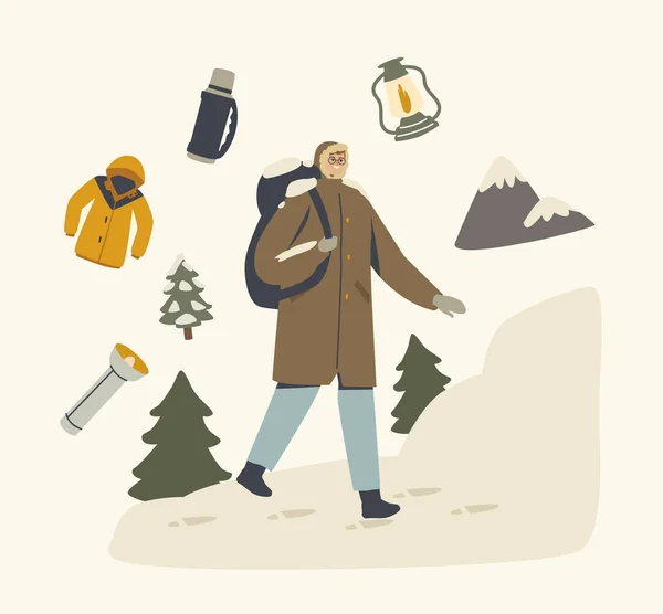 Backpacker męski charakter w ciepłe ubrania, cieszący się widokiem na przyrodę, człowiek podróżnik zima piesza przygoda, Hobby wakacje — Wektor stockowy
