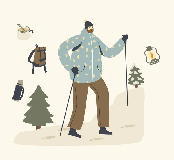Backpacker met stokken en rugzak klimmen op de berg. Man karakter in warme kleren Genieten van Winter Wandelen — Stockvector