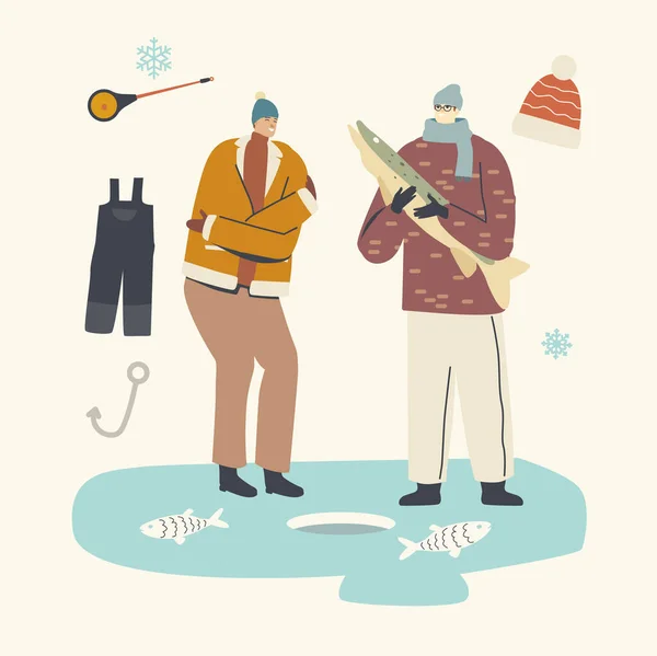 Pêcheurs personnages en vêtements chauds Pêche sur glace Attraper du poisson avec tige en hiver. Pêche sur glace Activités hivernales — Image vectorielle