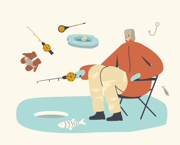 Χαρακτήρας Fisherman σε ζεστά ρούχα και καπέλα Earflaps κάθεται με Rod στην καρέκλα έχοντας καλή αλιευμάτων για Floe πάγου στη θάλασσα — Διανυσματικό Αρχείο