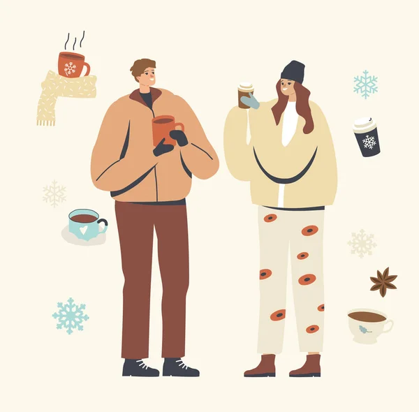 따뜻 한 옷을 입은 젊은 남성 또는 여성 캐릭터는 겨울 커피 실외에서 즐긴다. 겨울에 술을 마시는 사람들 — 스톡 벡터