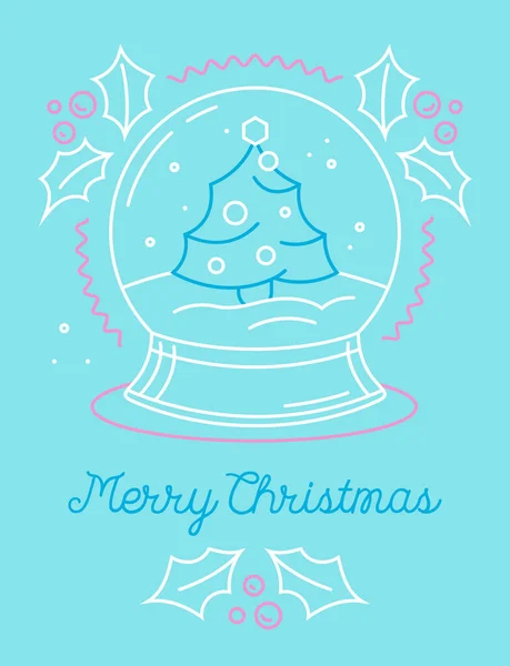 Vrolijke kerstkaart met kerstsymbool Crystal Globe met Fir Tree en Snow erin. Winterfeest Seizoen — Stockvector