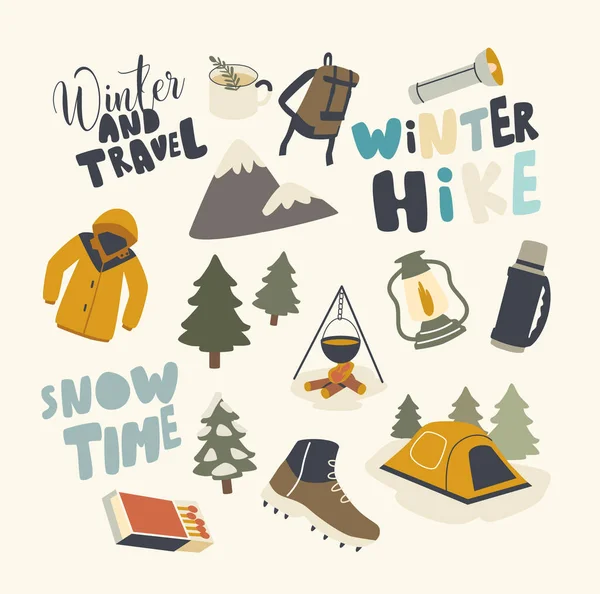 Set of Icons Winter Hike Theme. Backpack, Warm Clothes or Tourist Equipment Cauldron, Tent, Shoes and Matches, Lantern — Stock Vector
