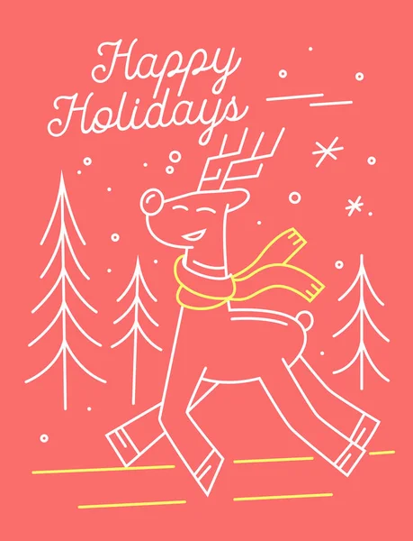 Karta świąteczna z uroczym jeleniem w dzianinie Szalik i Typografia Happy Holidays na różowym tle z Fir Trees — Wektor stockowy