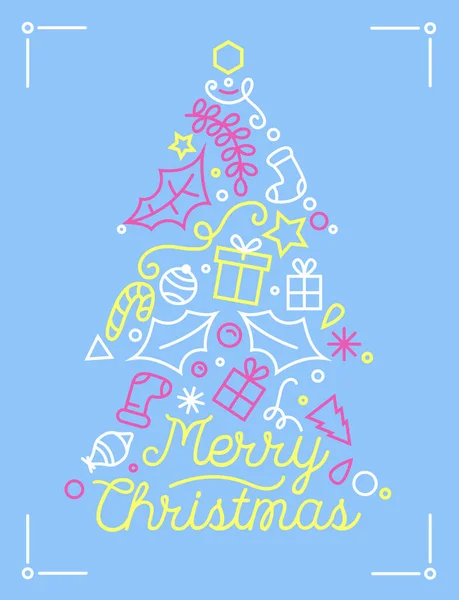 Tarjeta de felicitación de Feliz Navidad con abeto decorado lineal y tipografía. Felices Fiestas Diseño festivo con abeto — Archivo Imágenes Vectoriales