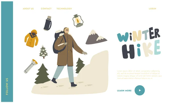 Winterwandern Abenteuer, Urlaub Hobby, Sport Aktivität Landing Page Template. Backpacker männlichen Charakter Spaziergang im Freien — Stockvektor