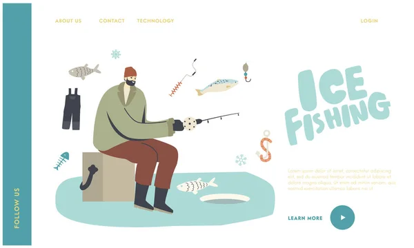 Homem Pesca no inverno modelo de página de desembarque. Pescador personagem masculino sentado na caixa com Rod on Ice Floe tem boa captura — Vetor de Stock