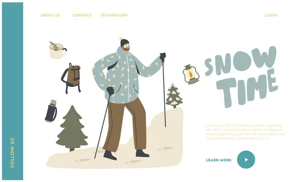 Personaggio maschile Godendo Inverno Escursioni Landing Page Template. Zaino in spalla con bastoni e zaino Arrampicata in montagna — Vettoriale Stock