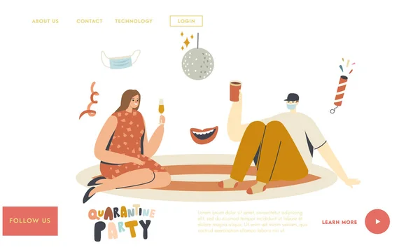 Pár Oslavte karanténu Home Party Landing Page Template. Mužské a ženské postavy sedí na podlaze pití — Stockový vektor